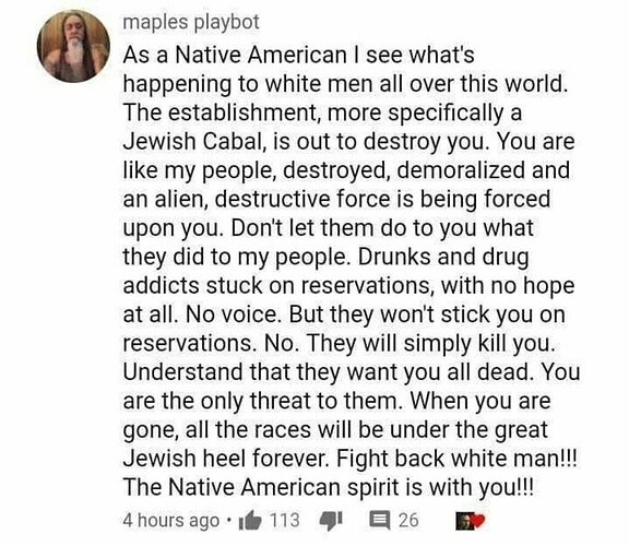 Message from native American to white man
